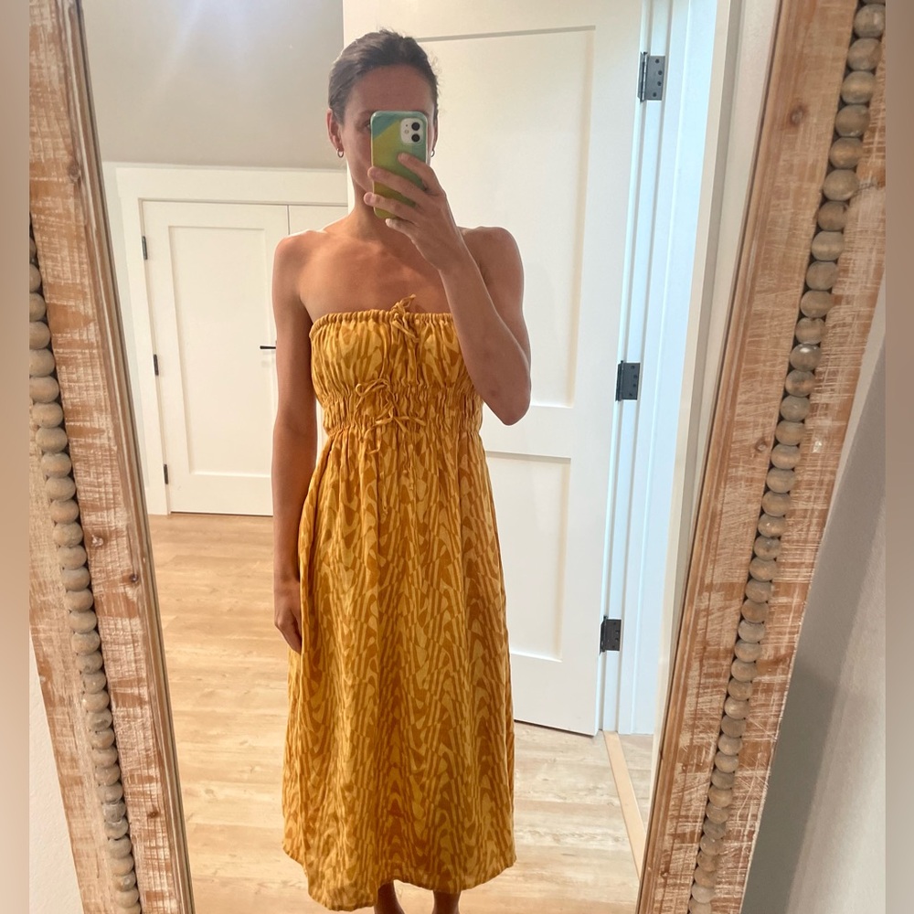 FAITHFUL THE BRAND yellow and orange midi strapless dress